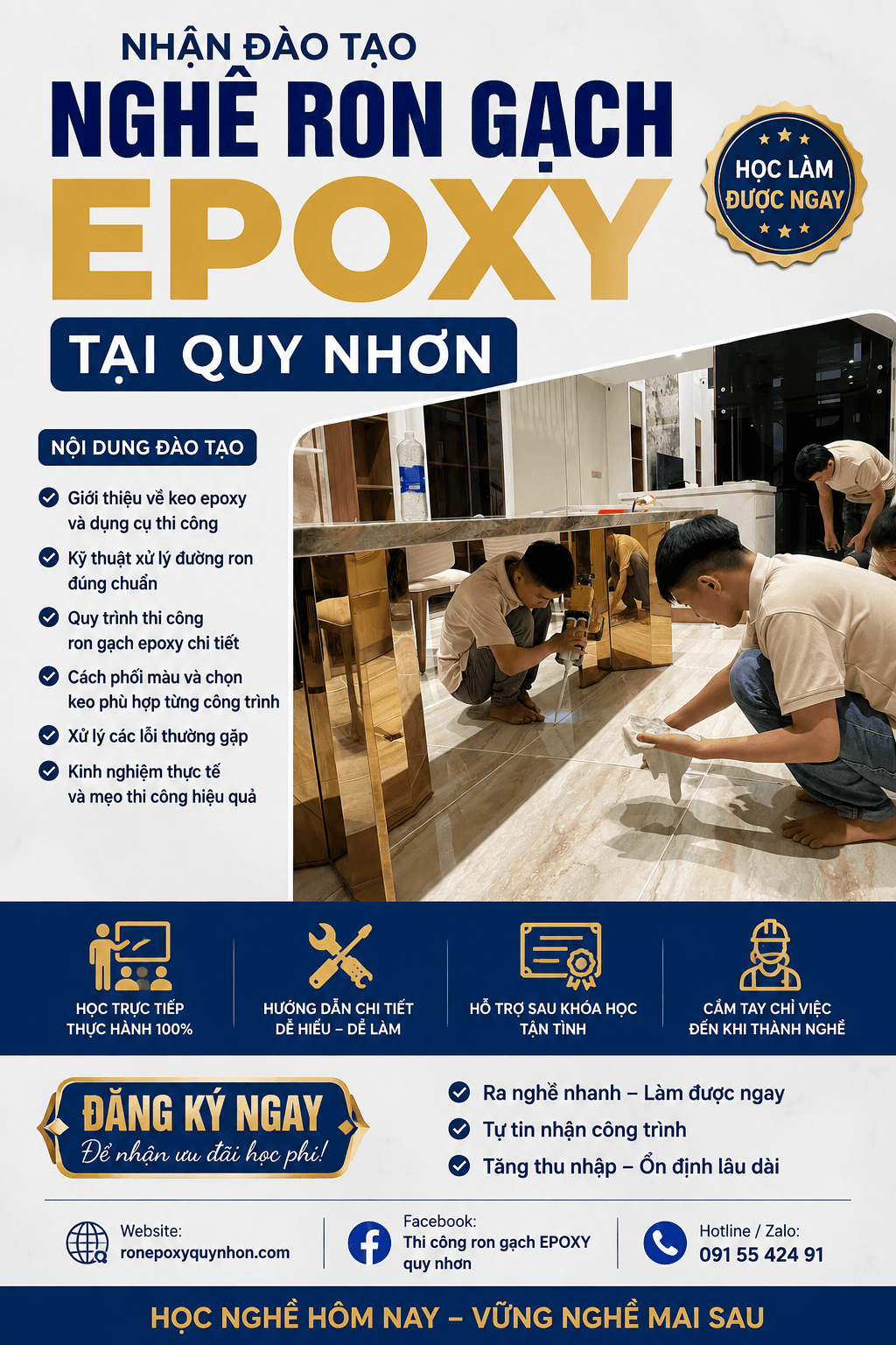 Chương trình đào tạo nghề ron gạch epoxy tại Quy Nhơn — nội dung khóa học, cam kết cầm tay chỉ việc và thông tin đăng ký